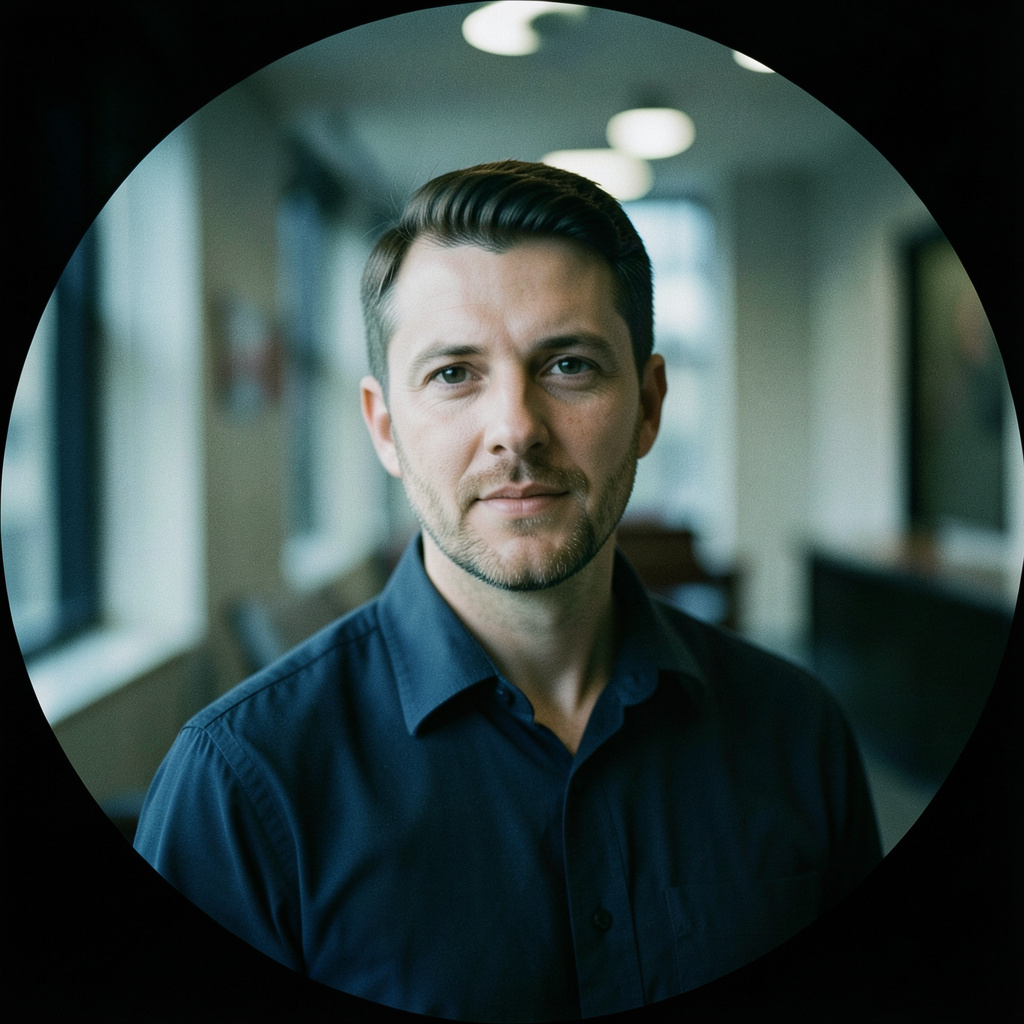 A circular portrait with cool natural light, muted navy and grey tones, blurred institutional backdrop