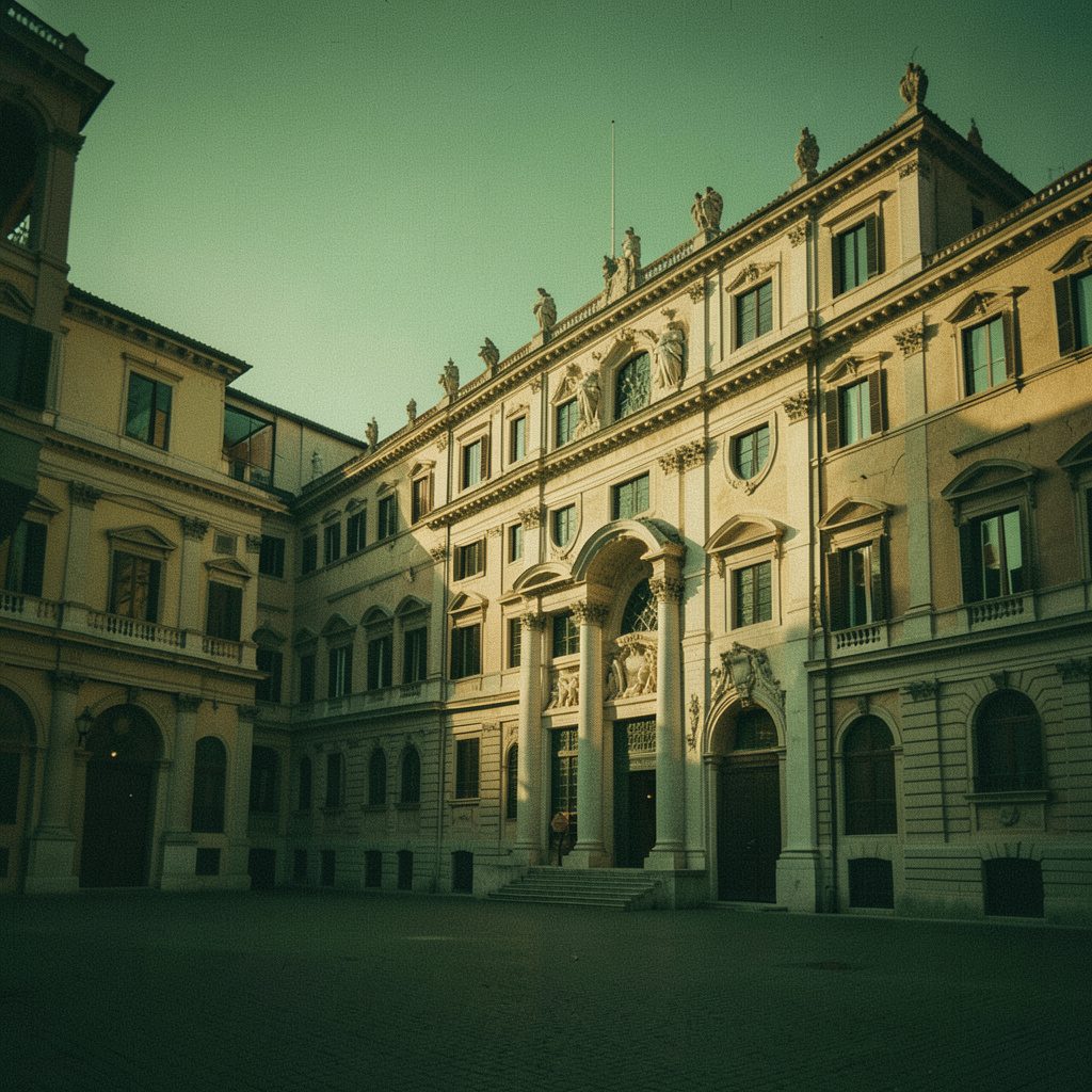 Palazzo Pitti in late afternoon light with warm terracotta tones and a spacious stone courtyard