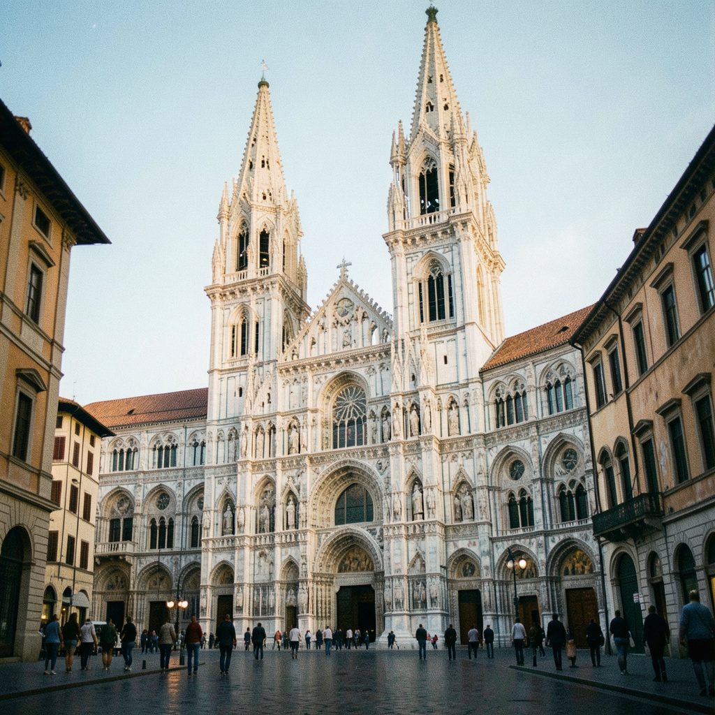 The Duomo of Florence with its iconic terracotta dome and marble façade rising above the city rooftops under a clear sky