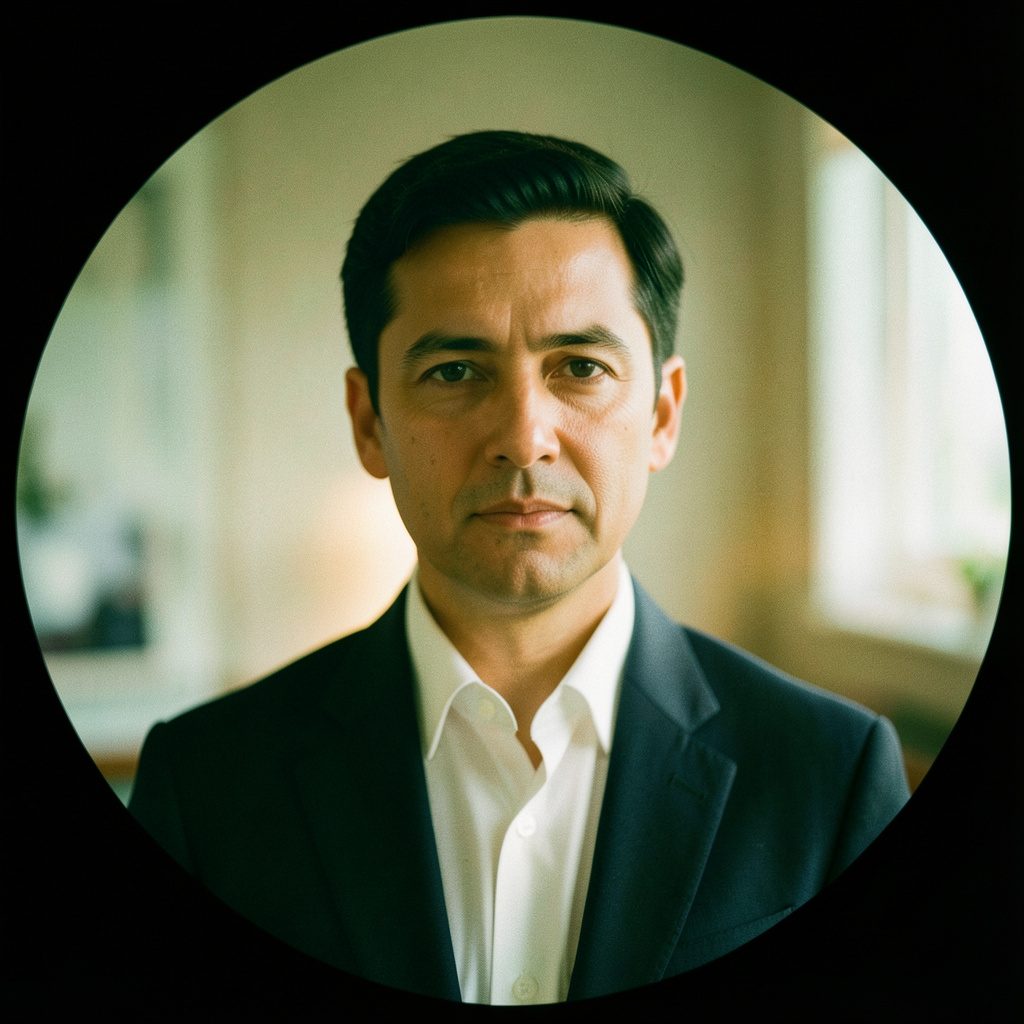Portrait-style image in warm ambient light with soft greens and creams, calm professional demeanor